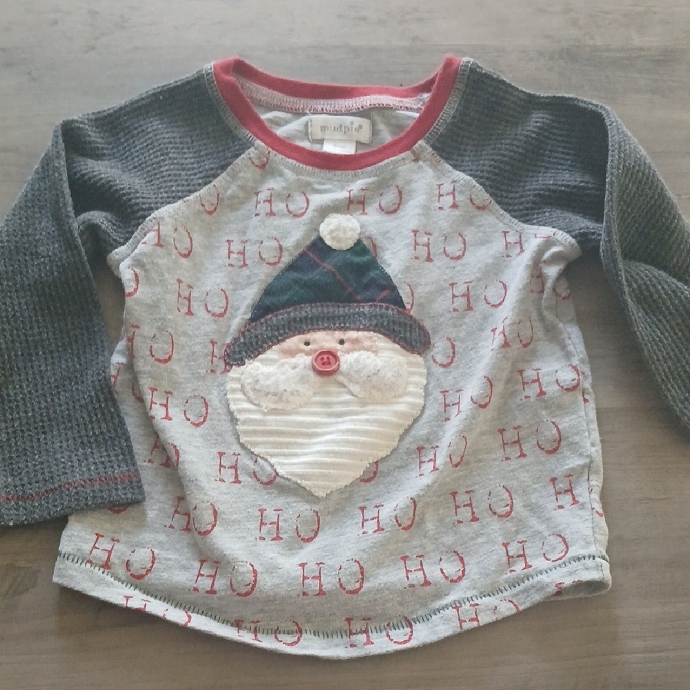 Mud Pie Festive Santa Long Sleeve Shirt - Gray and Red